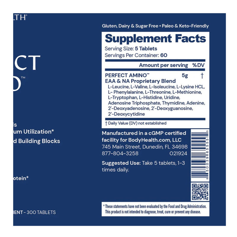 Supplement label with 'Perfect Amino' on a blue background