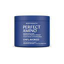 Blue container of BodyHealth Perfect Amino supplement on a white background