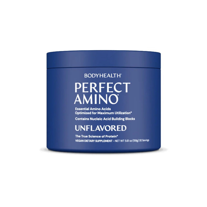 Blue container of BodyHealth Perfect Amino supplement on a white background