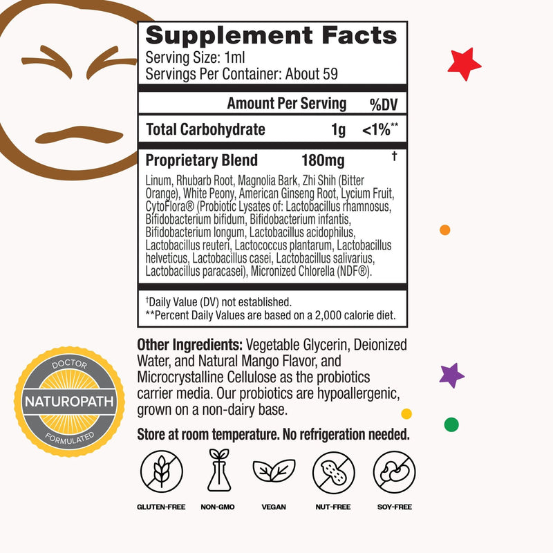 Supplement label with ingredients and branding on a white background