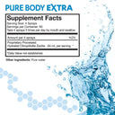 Supplement facts label with detailed ingredient list on a white background with water graphic