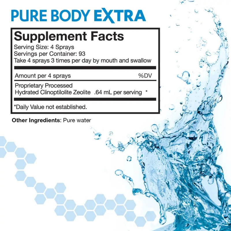 Supplement facts label with detailed ingredient list on a white background with water graphic