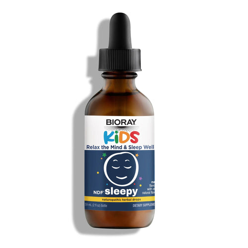 Bioray Kids NDF Sleepy supplement bottle with dropper on a white background