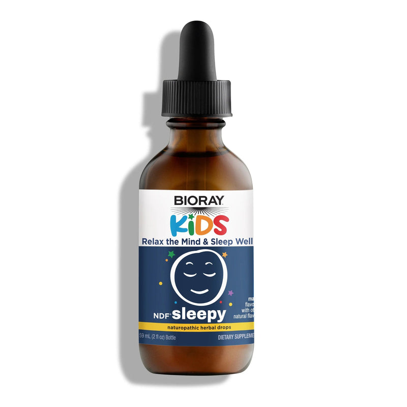Bioray Kids NDF Sleepy supplement bottle with dropper on a white background