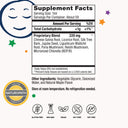 Supplement facts label with ingredients and branding on a white background