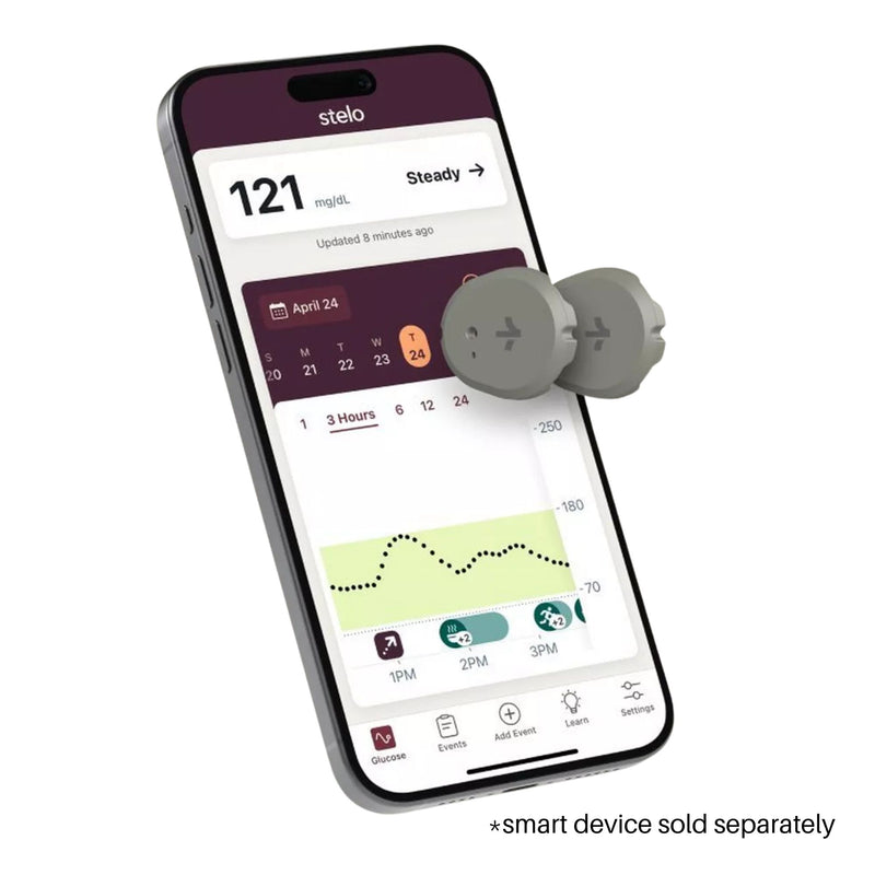 Phone displaying a health monitoring app with a stelo device on a white background