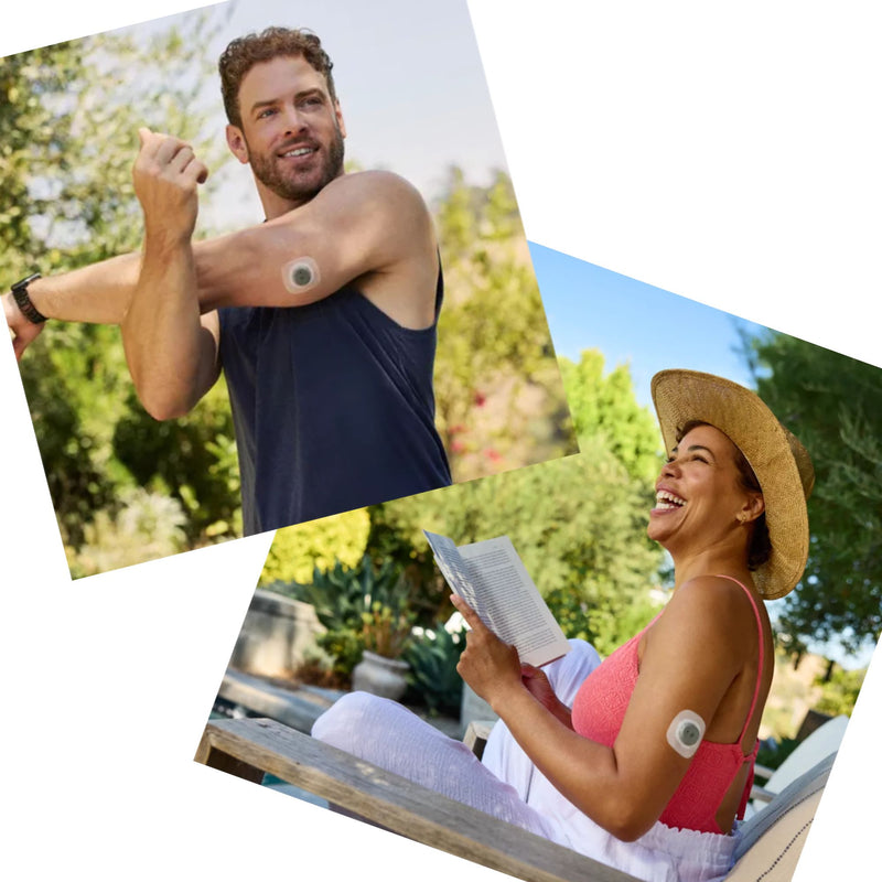 Two people outdoors, one exercising and the other reading a book, with a green background.