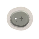 Round metallic object with a central hole and symbol on a white background