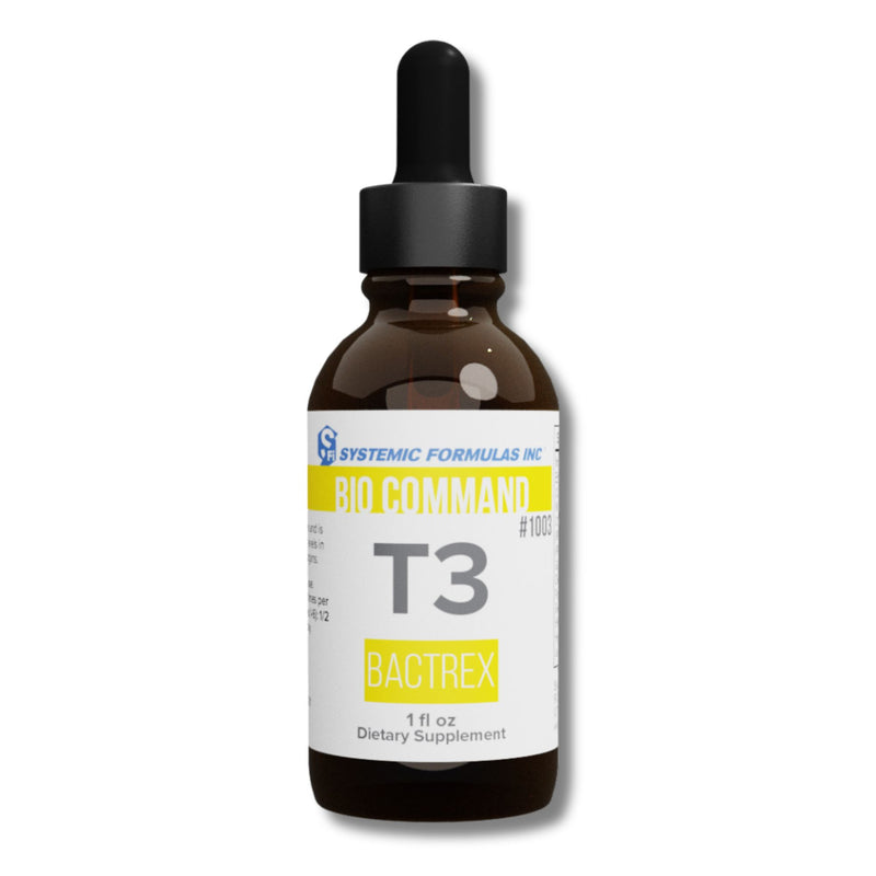 Bottle of Systemic Formulas Inc. Bio Command T3 Bactrex dietary supplement on a white background
