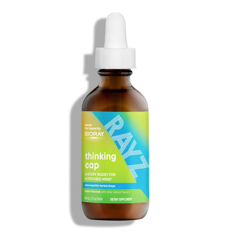 Bottle of RAYZ thinking cap supplement with a white background