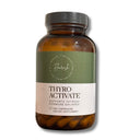 A bottle of Flavour Thrifty Thyro Activate dietary supplement capsules, featuring an amber brown bottle, dark gray cap, olive green and white label, and visible capsules inside, set against a plain white background.