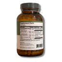 An amber glass supplement bottle with a dark gray ribbed cap, showing the Supplement Facts label and dark capsules inside, on a white background.