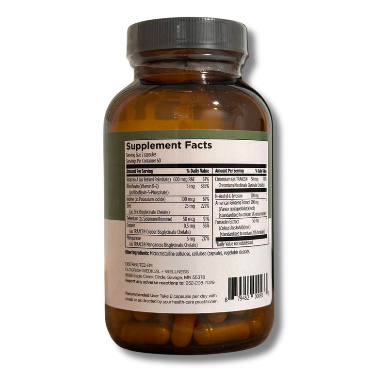 An amber glass supplement bottle with a dark gray ribbed cap, showing the Supplement Facts label and dark capsules inside, on a white background.