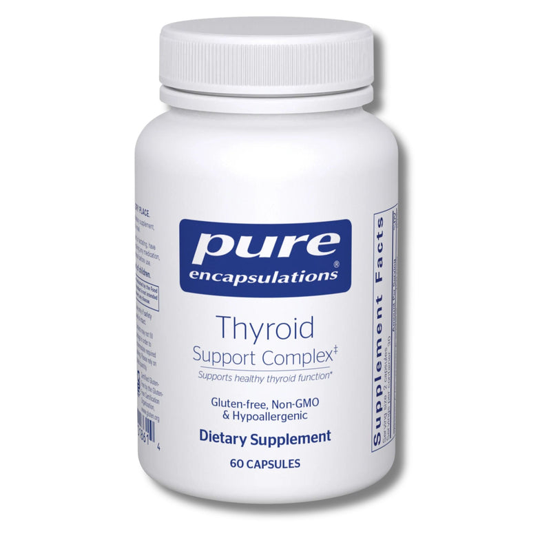 White supplement bottle labeled 'Thyroid Support Complex' by pure encapsulations on a white background
