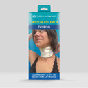 Packaging of a castor oil pack for thyroid issues with a woman wearing it on a gray background.