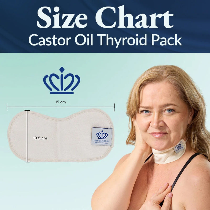 Size chart for a castor oil thyroid pack with a woman wearing the product.