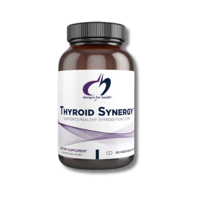 Supplement bottle labeled 'Thyroid Synergy' on a white background