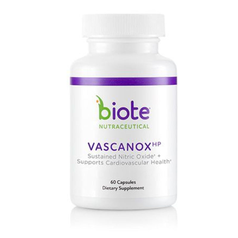 Supplement bottle labeled 'Vascanox HP' by Biote Nutraceutical on a white background