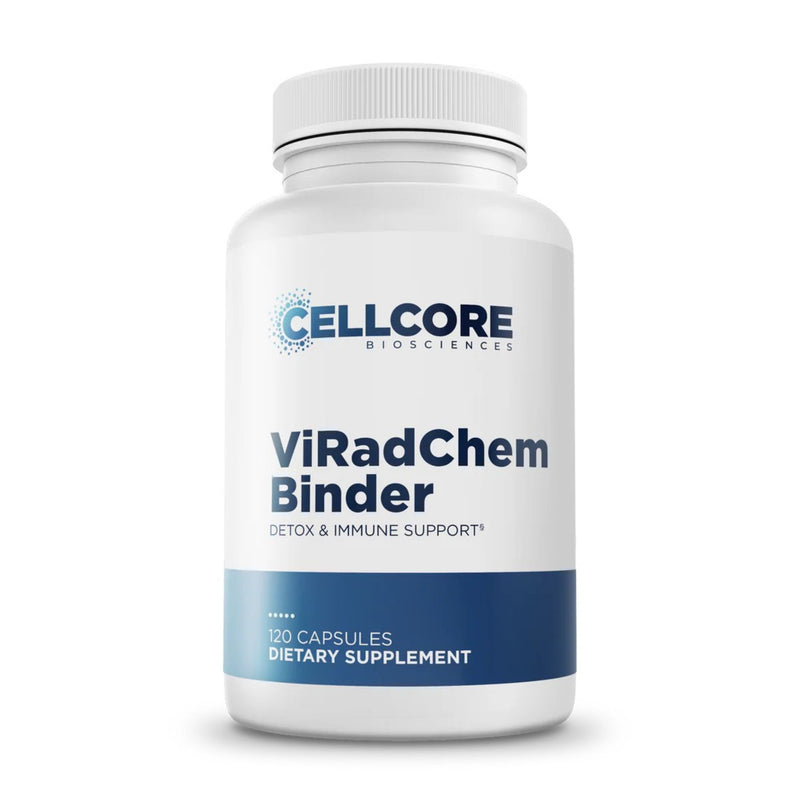Supplement bottle labeled 'ViRadChem Binder' by Cellcore Biosciences on a white background