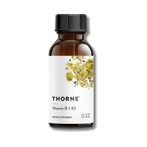 Thorne Vitamin D + K2 dietary supplement bottle on a white background