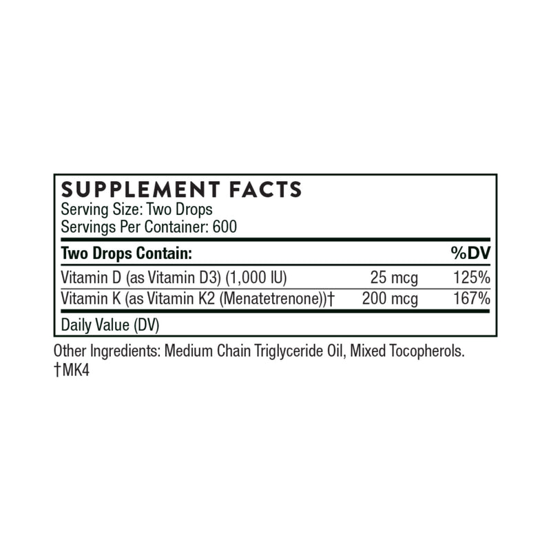 Supplement facts label for a product with vitamins D3 and K2 on a white background