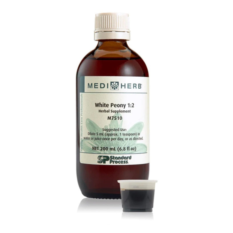 Medi Herb White Peony 1:2 herbal supplement bottle with a small cup on a white background