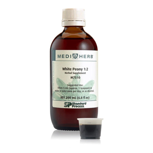 Medi Herb White Peony 1:2 herbal supplement bottle with a small cup on a white background